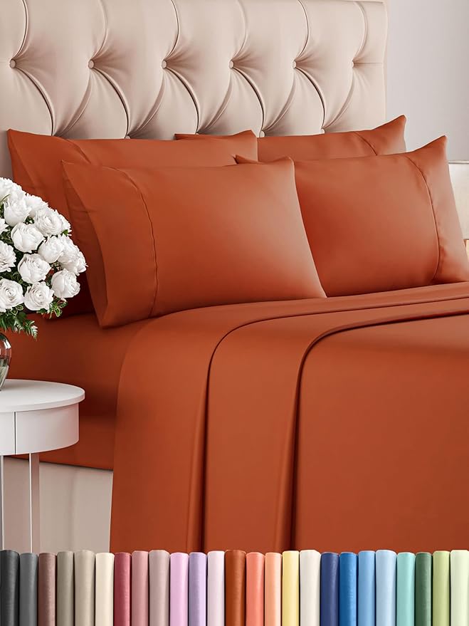 Full 6 Piece Sheet Set - Comfy Breathable & Cooling - Ultra-Soft Hotel Luxury Bedding Set with 8-16 Inch Deep Pockets - 1 Flat & 1 Fitted Sheet & 4 Pillowcases - Wrinkle Free & Easy Care - Terracotta