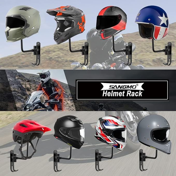SANGMO 180° Motorcycle Helmet Rack, Rotation Metal Helmet Holder Wall Mounted Helmet Rack Motorcycle with 2 Hooks Helmet Hanger for Motorcycle Bike Coats, Caps, Baseballs and Rugby Helmet (2 Pack)