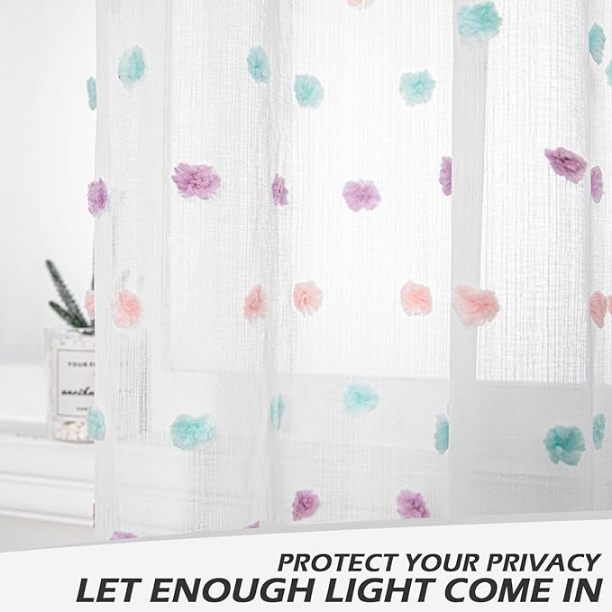 MYSKY HOME Rainbow Pom Pom Curtains for Living Room Light Filtering 90 Inch Long Bedroom Curtains for Nursery Girls Kids Room Rod Pocket Bohemian Voile Window Drapes 52 x 90 inch 2 Panels