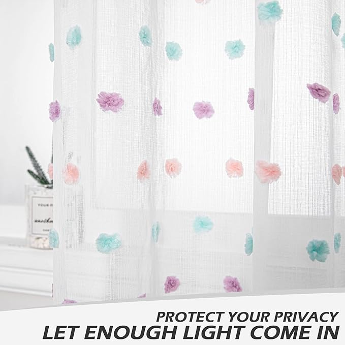 MYSKY HOME 72 Inch Long Pom Pom Sheer Curtains for Boys Bedroom Rainbow Curtain for Baby Nursery Door 2 Panels Light Filtering Rod Pocket Semi Window Drapes 38 x 72 Inch