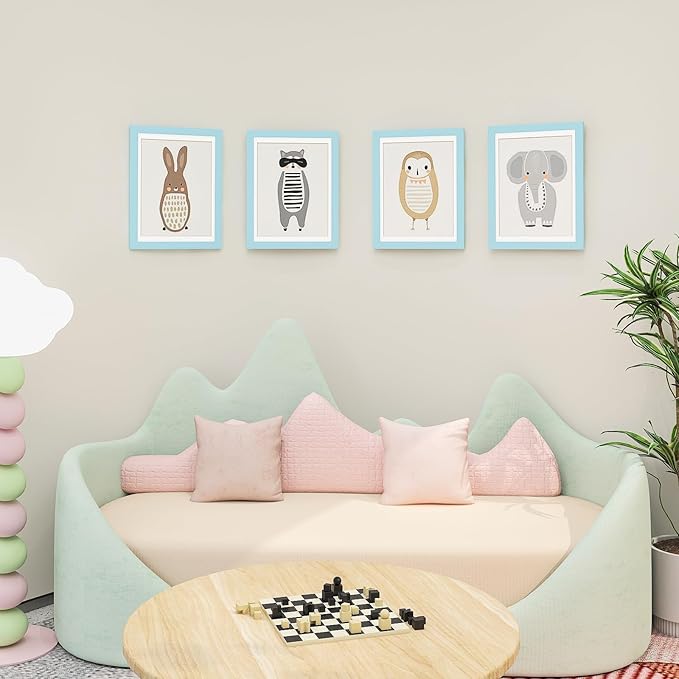 KINLINK 9x12 Kids Art Frames Set of 2, Solid Wood Kids Artwork Frames Changeable with Acrylic Front Opening Holds 150 Pictures, Art Frame for Kids Artwork with Mat or without Mat, Light Blue