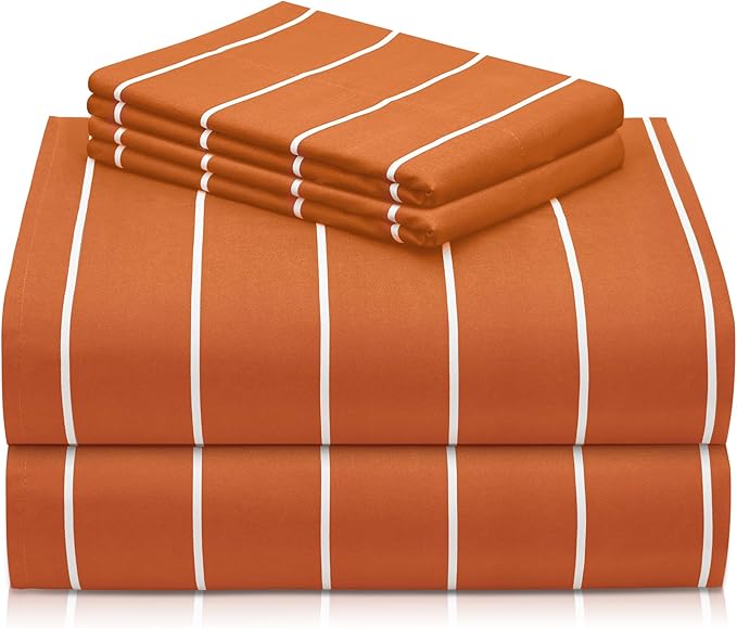 LuxClub 4 PC Sheet Set Bed Sheets Deep Pockets 16" Wrinkle Free Cooling Machine Washable Hotel Bedding Silky Soft - Striped-Autumn Orange Queen