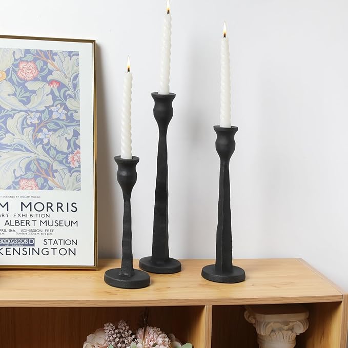 Heavy Duty Cast Iron Black Candlestick Holders Set of 3,Tall Taper Candle Holders,Table Vintage Decor Centerpiece Candle Holders for Fireplace Party Dining Home