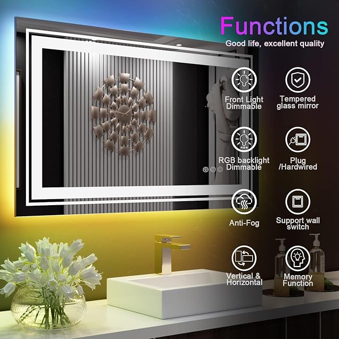 LED Mirror for Bathroom, 60"X28" with 8 RGB Backlit +3 Front Lit (Adjustable Individually), Anti-Fog, Large Lighted Bathroom Vanity Mirror for Wall,Shatterproof,Memory Function,Tempered Glass