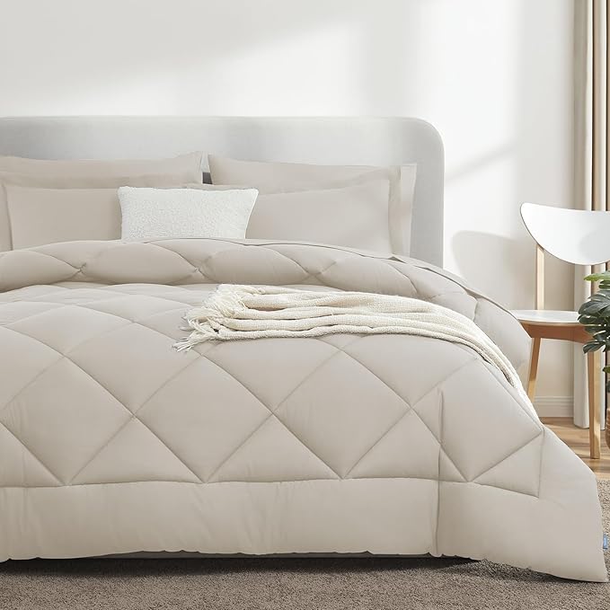 CozyLux Full Size Comforter Sets Beige - 7 Pieces Bed in a Bag Full, Luxury Soft Bed Set for All Seasons, Bedding Set with Down Alternative Comforter, Sheets, Pillowcases & Shams