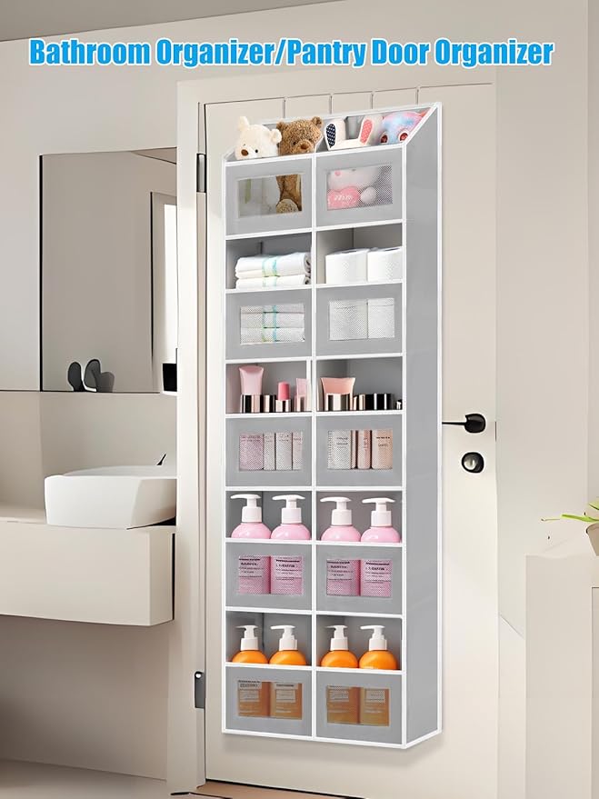 Over the Door Organizer - 10 Compartments, 80 lbs Load Behind Door Storage, Extra Large Hanging Storage Organization, Door Hanging Organizer for Bedroom, Bathroom, Nursery, Shoes, Diaper, Grey
