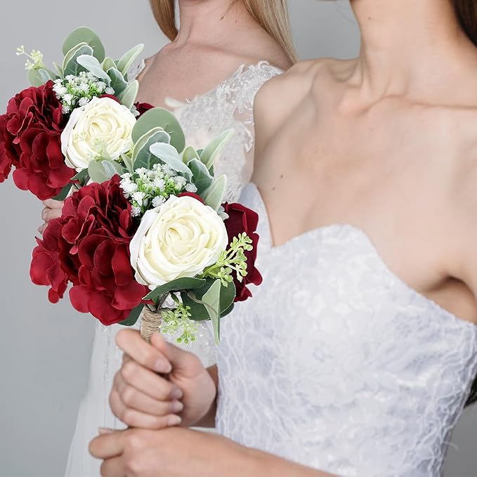 Artificial Flowers Bridesmaid Bouquets - Set of 4 Bridesmaid Bouquet Burgundy White Handmade Silk Floral Bouquet for Wedding Ceremony Anniversary, Bridal Shower, Home Table Decorations