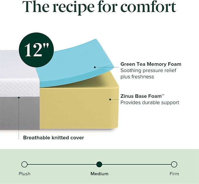 ZINUS 12 Inch Green Tea Essential Memory Foam Mattress [New Version], Full, Fiberglass Free, Medium Feel, Breathable Airflow Memory Foam, Certified Safe Foams & Fabric, Mattress in A Box
