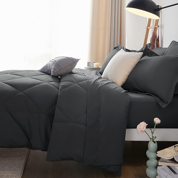 CozyLux Full Size Comforter Sets Dark Grey - 7 Pieces Bed in a Bag Full, Luxury Soft Bed Set for All Seasons, Bedding Set with Down Alternative Comforter, Sheets, Pillowcases & Shams