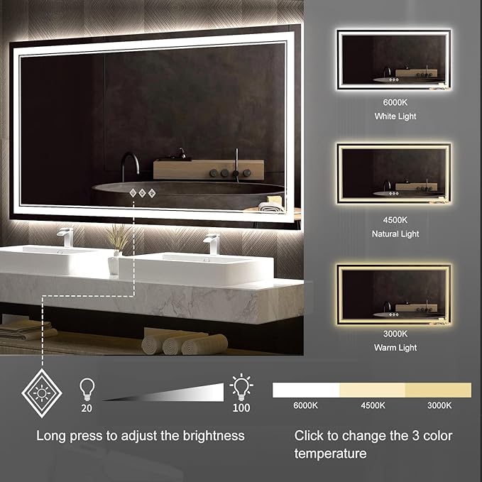 LED Bathroom Mirror, 60x32 Inch Gradient Front and Backlit Bathroom Mirror, 3 Colors Dimmable CRI>90 Double Lights, IP54 Enhanced Anti-Fog, Hanging Plates Wall Mount Lighted Mirror