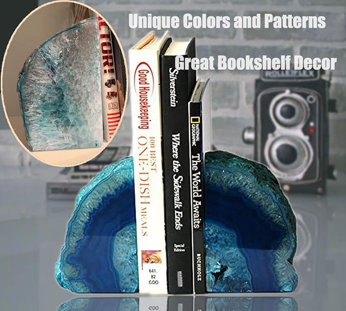 AMOYSTONE Geode Bookends Heavy Duty Agate Large Stone Bookend Decorative Crystal Quartz Book Ends Dyed Teal with Rubber Bumpers(1 Pair, 6-8 LBS)
