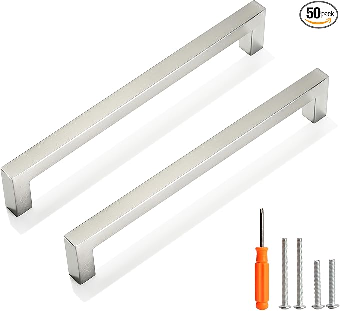 Cabinet Pulls Brushed Nickel Cabinet Handles Square Drawer Pulls, 50 Pack 7-1/2 Inch Stainless Steel Kitchen Door Cupboard Cabinet Handles, Cabinet Hardware Drawer Handles, 192mm Hole Centers