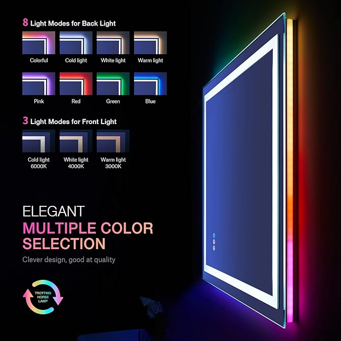LOAAO 24"x36" LED Bathroom Mirror with Lights, Anti-Fog, Dimmable, RGB Backlit + Front Lighted, Bathroom Vanity Mirror for Wall, Memory Function