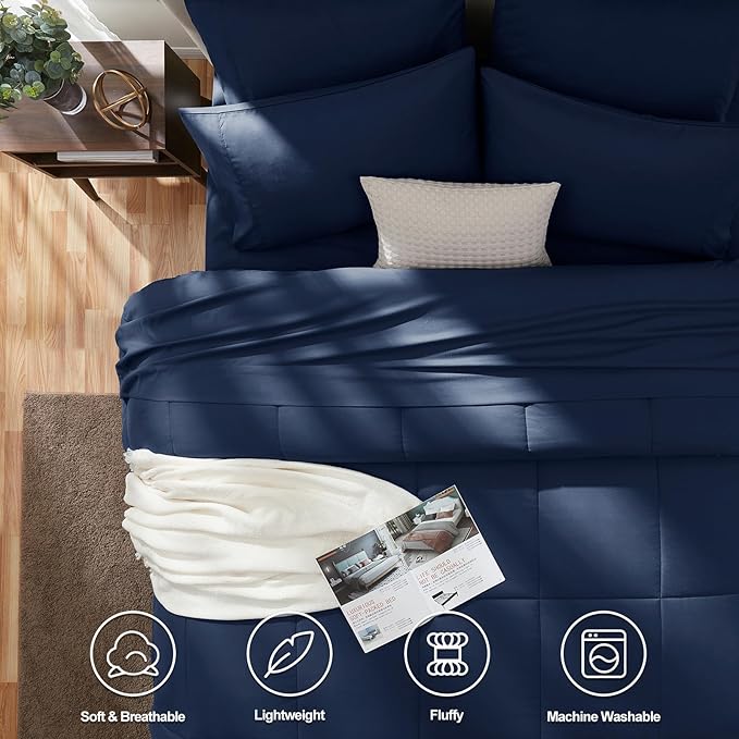 CozyLux California King Comforter Sets Navy Blue, 7 Pieces Cal King Bed in a Bag, All Season Bedding Sets with Stitch Quilted Comforter, Flat Sheet, Fitted Sheet, Pillowcases