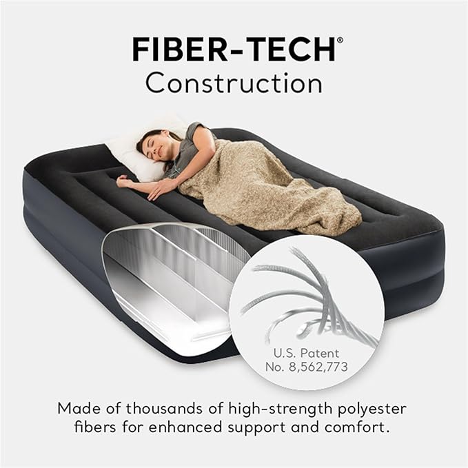 Intex Raised Airbed Mattress with Built-in Pump, Dura-Beam Plus Pillow, Twin - Portable Inflatable Luxury Blow-Up Bed for Adults, Camping, Guests