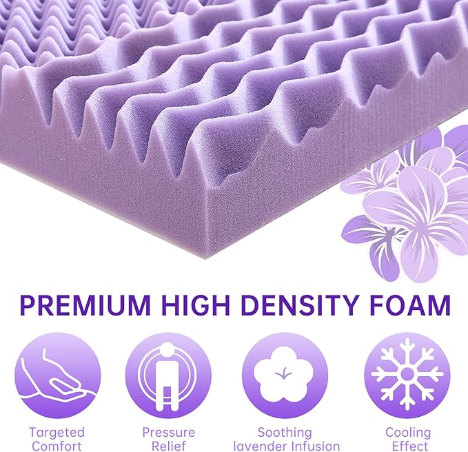 MUXHOMO 2 Inch 7-Zone Twin XL Mattress Topper, Egg Crate Foam Mattress Topper Twin XL Size for Back Pain, Lavender Cooling Gel Infused Bed Pad, CertiPUR-US and Oeko-TEX Certification (79"×38")