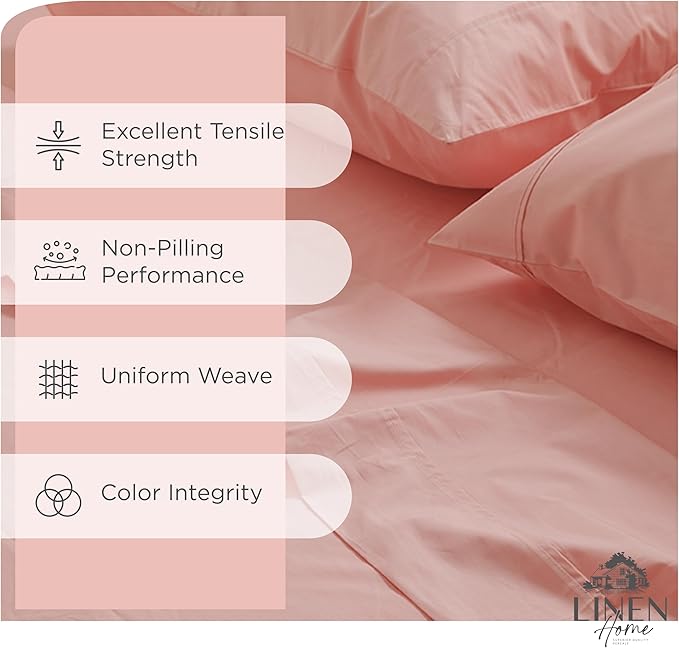 Linen Home 100% Cotton Percale Sheets Queen Size, English Rose, Deep Pocket, 4 Pieces Set - 1 Flat, 1 Deep Pocket Fitted Sheet and 2 Pillowcases, Crisp Cool and Strong Bed Linen