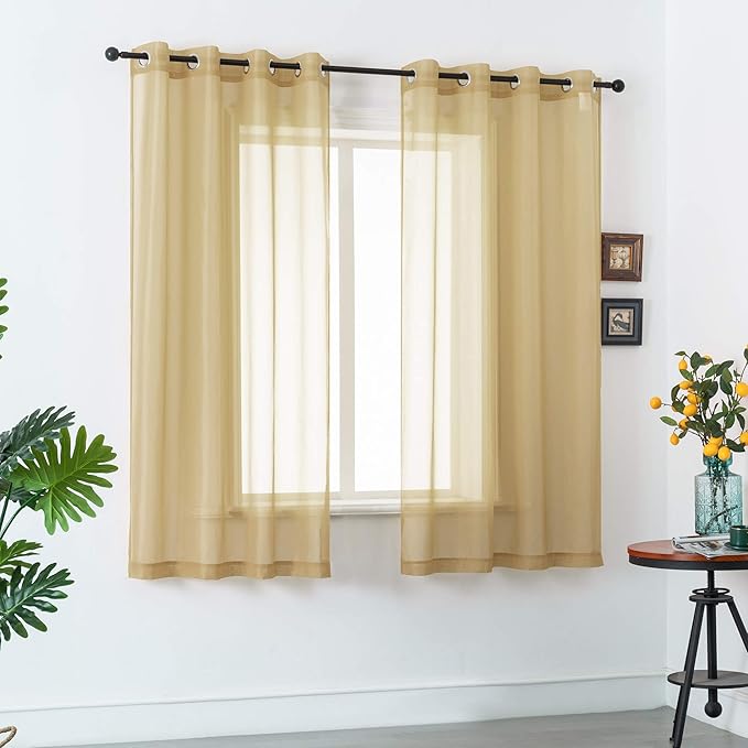 DUALIFE Tan Beige Sheer Curtains 54 Inche with Grommet,Look Semi Sheer Windows Panels,Elegant Solid Color Touch Soft Drapes, 52X54 Inch for Living Room Bedroom,Set of 2 Panels Natural Taupe