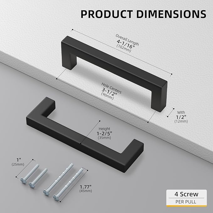 goldenwarm 60 Pack 3-1/2 Inch Black Cabinet Handles Matte Black Drawer Pulls Stainless Steel Cabinets Hardware Square Bar Modern for Kitchen Bathroom Cupboard