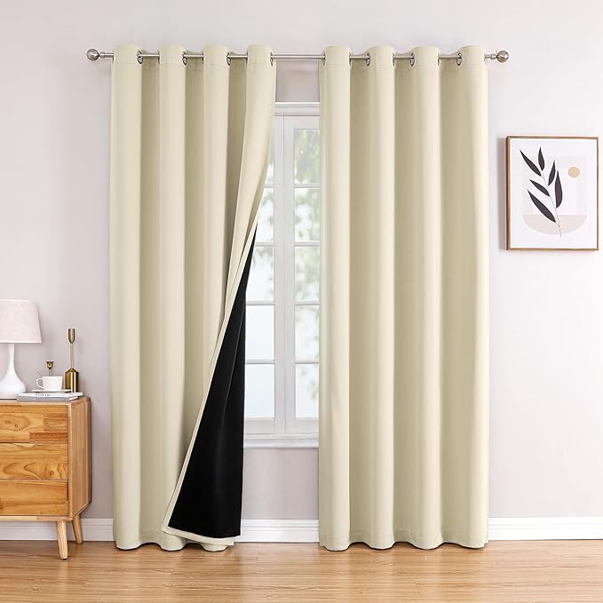 ChrisDowa 100% Blackout Curtains 120 inch Long for Bedroom with Black Liner, 2 Thick Layers Total Blackout Thermal Insulated Grommet Window Curtains 2 Panels Set (Light Beige, 52 x 120 Inch)
