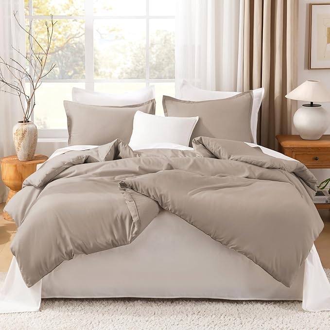 Litanika Light Coffee Oversized King Comforter Set Super King Plus Size, 3 Pieces Lightweight Solid Bedding Comforter Set, All Season Fluffy Bed Set (128x120In Comforter & 2 Pillowcases)