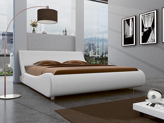 SHA CERLIN Modern Low Profile Platform Bed Frame Queen Size, Stylish Faux Leather Upholstered Sleigh Bed with Adjustable Headboard, No Box Spring Needed, White