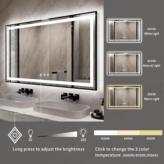 LED Bathroom Mirror, 60x40 Inch Black Framed Gradient Front and Backlit Bathroom Mirror with LED Lights, 3 Colors Dimmable CRI>90, IP54 Enhanced Anti-Fog Wall Mounted Backlit Mirror