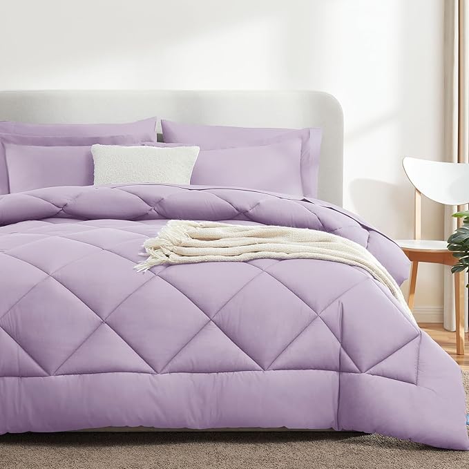 CozyLux Queen Comforter Set Light Purple - Bed in a Bag Queen Size 7 Pieces, Luxury Soft Lavender Bed Set for All Seasons, Bedding Set with Down Alternative Comforter, Sheets, Pillowcases & Shams