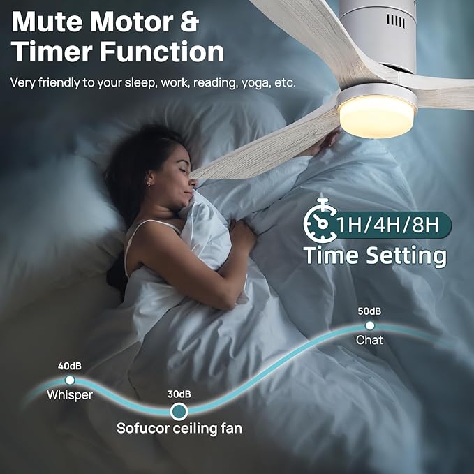 Sofucor Ceiling Fan with Lights 52 Inch Flush Mount Ceiling Fan with Remote Control, 3 Solid Wood Blades Modern Outdoor Ceiling Fans for Bedroom/Farmhouse/Patio/Indoor, Quiet DC Motor, Silver & Grey