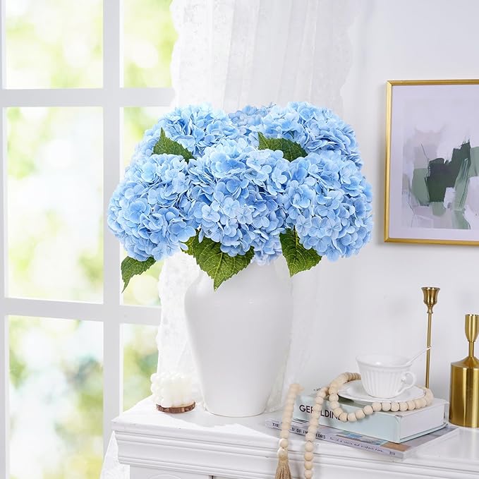 Waipfaru 21" Real Touch Blue Hydrangea Artificial Flowers with Long Stem & Leaves, Full Latex Faux Hydrangea Flowers for Home Decor Party Floral Arrangements Wedding Bouquets Centerpieces, 3Pcs