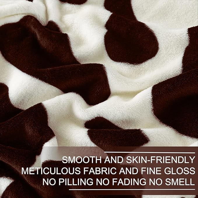 Richave Fleece Cow Print Blanket for All Season - Premium Lightweight Anti-Static Brown and Ivory Throws Travel Blankets Plush Gift for Daughter Mom, Bedroom Decor 51" x 60"(Brown Cow)