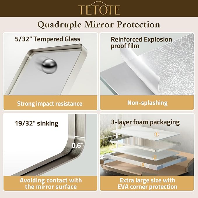 TETOTE Brushed Nickel Bathroom Mirror 30 x 36 Brushed Nickel Metal Framed Bathroom Mirror, Tempered Glass, Modern Farmhouse Wall Mounted Mirror for Decorative(Horizontal/Vertical)