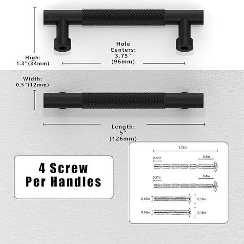 10 Pack Matte Black Knurled Cabinet Pulls 3.75 Inch(96mm) Kitchen Cabinet Handles Solid Zinc Alloy Cabinet Hardware Drawer Pulls