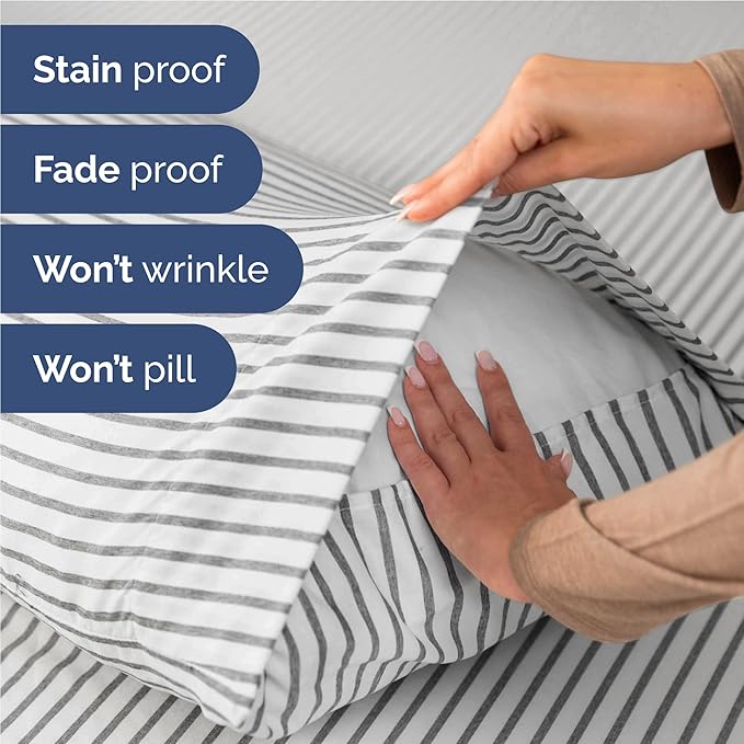 Full 6 Piece Sheet Set - Comfy Breathable & Cooling - Soft Hotel Luxury Bedding Set with 8-16 Inch Deep Pockets - 1 Flat & 1 Fitted Sheet & 4 Pillowcases - Wrinkle Free & Easy Care - Grey Stripes 2