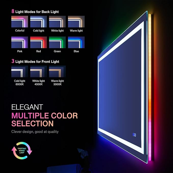 LOAAO 48"X36" LED Bathroom Mirror with Lights, Anti-Fog, Dimmable, RGB Backlit + Front Lighted, Bathroom Vanity Mirror for Wall, Memory Function