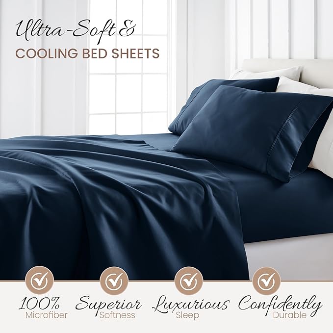 Linen Market Double-Brushed Microfiber California King Sheet Set 4 Piece – Oeko-TEX Certified Ultra Soft & Wrinkle-Free - 16" Deep Pocket Sheets Easy Care Cal-King Size - Navy