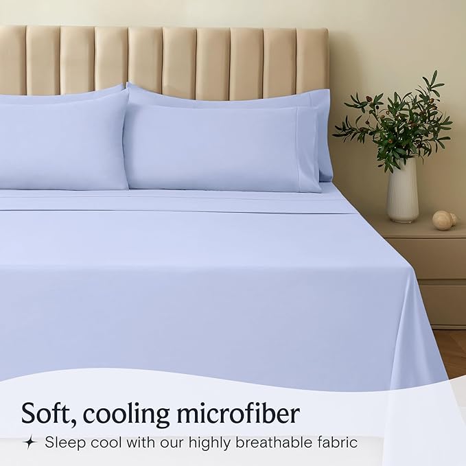 LuxClub 4 PC Sheet Set Bed Sheets Deep Pockets 16" Eco Friendly Wrinkle Free Cooling Machine Washable Hotel Bedding Silky Soft - Sky Blue King