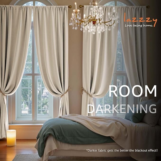 Lazzzy Velvet Blackout Curtains Thermal Insulated Room Window Drapes Super Soft Luxury Curtains for Living Room Bedroom Rod Pocket 2 Panels, Beige, 42" W x 90" L