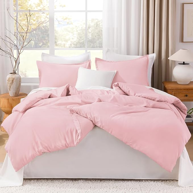Litanika Pink Comforter Set Queen Size, 3 Pieces Lightweight Soft Fluffy Solid Bedding Set, All Season Bed Set (90x90In Comforter & 2 Pillowcases)