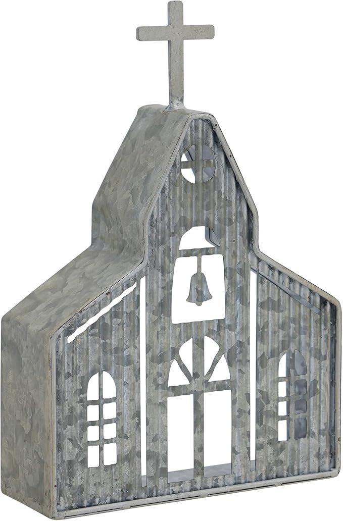 Church Shaped Tea Light Candle Holder Farmhouse Galvanized Metal Candle Holder Vintage Decorative Tealight Holder for Table Centerpiece Decoration - 6.22" x 1.97" x 9.25"