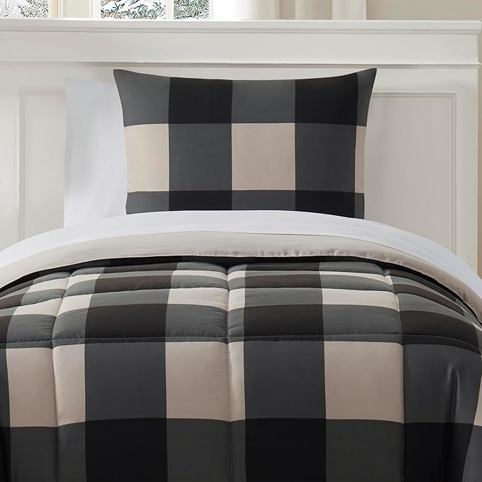5 Piece Comforter Set Bed in a Bag Buffalo Check Christmas Print All Season Soft Down Alternative Bedding Comforter Set & Luxurious White Microfiber Bed Sheets, Twin, Buffalo Plaid Black/Gray