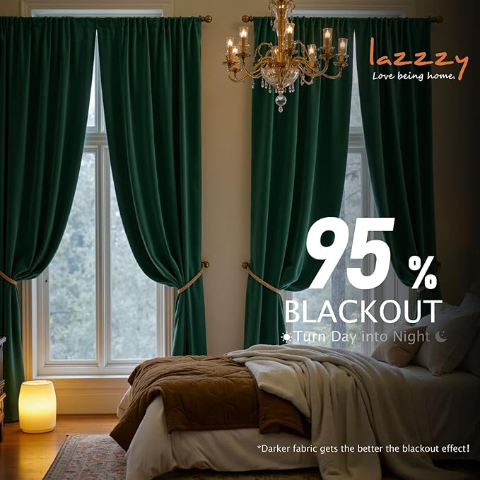 Lazzzy Velvet Blackout Curtains Thermal Insulated Room Window Drapes Super Soft Luxury Curtains for Living Room Bedroom Rod Pocket 2 Panels, Emerald Green, 62" W x 90" L