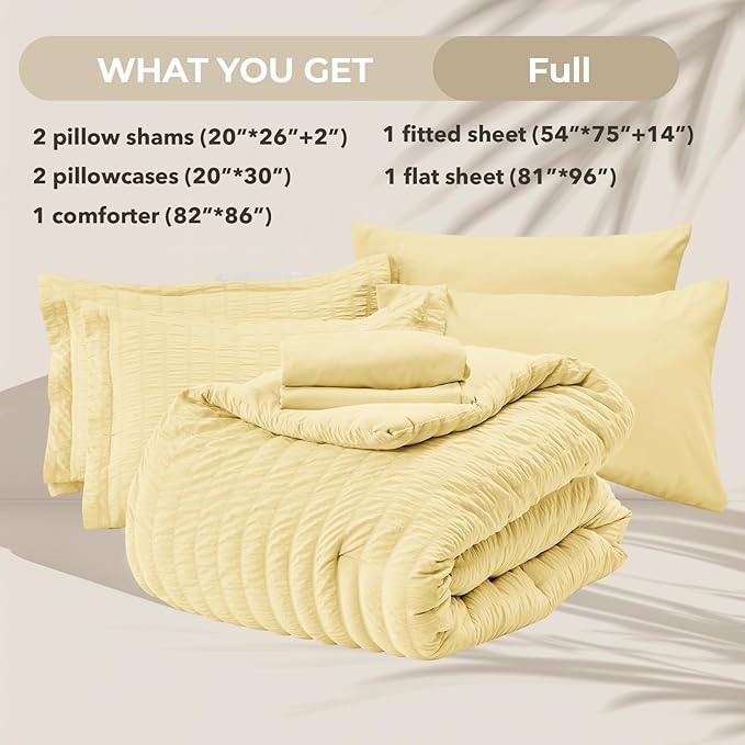 HYMOKEGE Yellow Full Size Comforter Sets Seersucker 7 Pieces, All Season Luxury Bed in a Bag for Bedroom, Bedding Set with Comforter, Sheets, Pillowcases & Shams