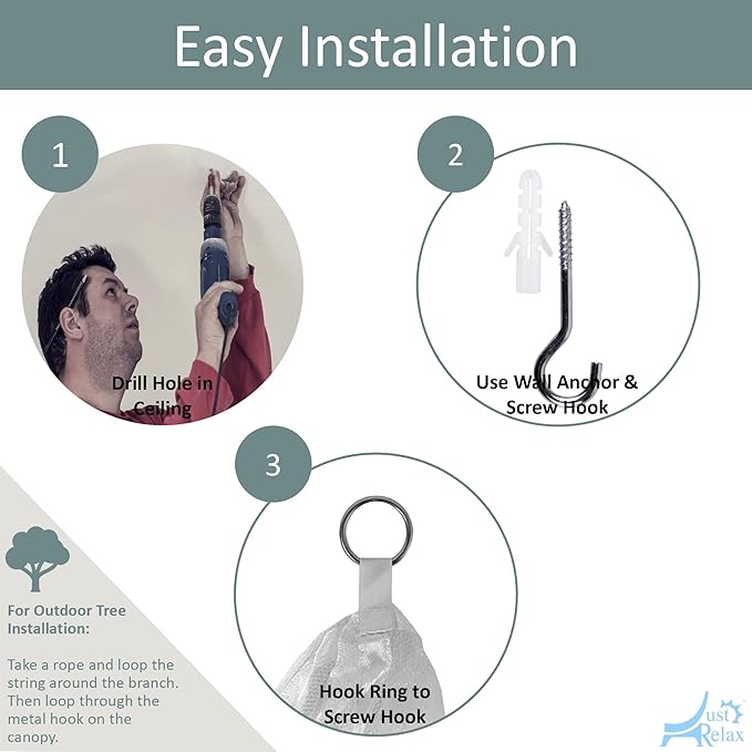 Just Relax Decorative Elegant Bed Net Canopy Set Including Full Hanging Kit, Ideal for Indoors or Outdoors, Intended for a for Covering Beds, Cribs, Hammocks (White, Twin/Full)