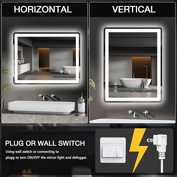 36x30 LED Bathroom Mirror with Lights, Rounded Rectangle Bathroom Mirror for Wall, Anti-Fog, Dimmable, Backlit + Front Lit, Lighted Bathroom Vanity Mirror Tempered Glass(Horizontal/Vertical)