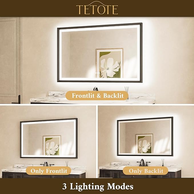 TETOTE LED Mirror for Bathroom Black Metal Frame 40x32 Frontlit & Backlit Lighted Vanity Mirror Baroque Gothic Anti Fog Stepless Dimmable White/Warm/Natural,CRI90+,Waterproof(Horizontal/Vertical)