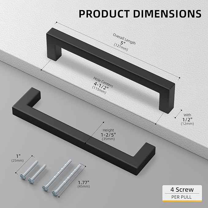 goldenwarm 50 Pack 4-1/2 Inch Black Cabinet Handles Matte Black Drawer Pulls Stainless Steel Cabinets Hardware Square Bar Modern for Kitchen Bathroom Cupboard