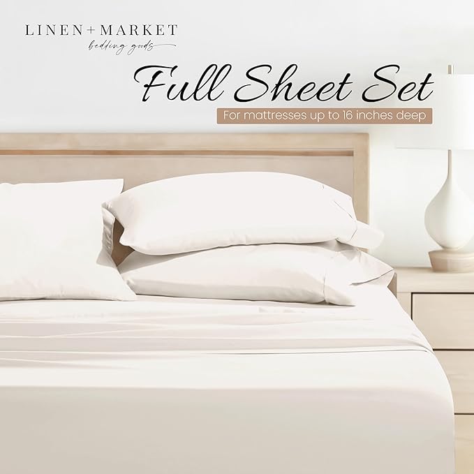 Linen Market Double-Brushed Microfiber Full Sheet Set 4 Piece – Oeko-TEX Certified Ultra Soft & Wrinkle-Free - 16" Deep Pocket Sheets - Easy Care Full Size - Ivory