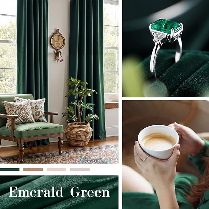 Lazzzy Velvet Blackout Curtains Thermal Insulated Room Window Drapes Super Soft Luxury Curtains for Living Room Bedroom Rod Pocket 2 Panels, Emerald Green, 52" W x 120" L