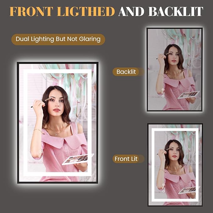 LED Bathroom Mirror,20"x28" Led Mirror with Black Frame, Front Light and Backlit, Stepless Dimmable, Anti-Fog, Shatter-Proof, Memory, 3 Colors, Double LED Vanity Mirror